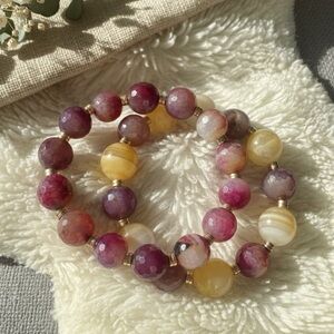 LUXE AGATE BRACELET STACK (2pc) | Faceted Gemstone | Gold Hematite Accents